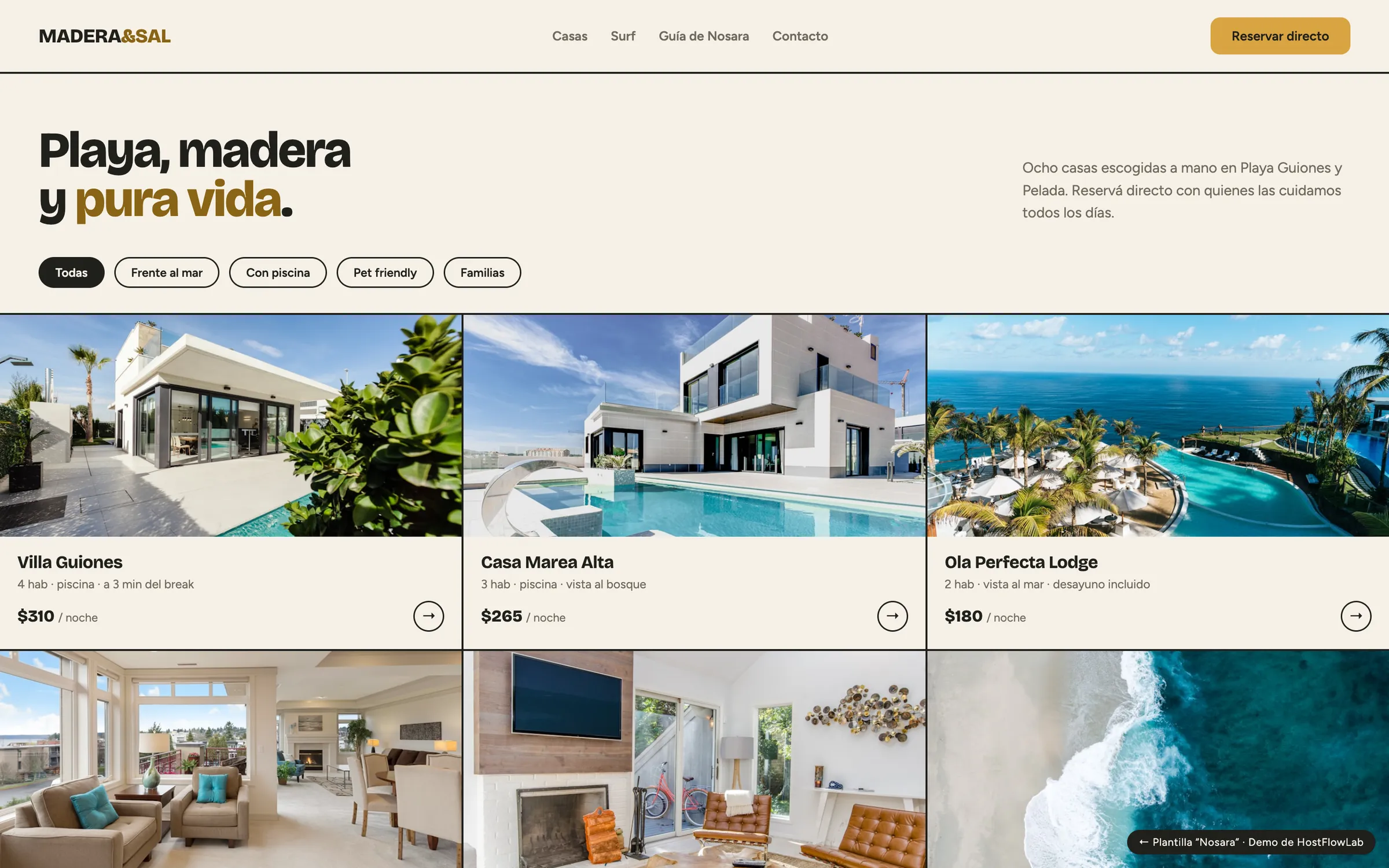 Plantilla Nosara — grid editorial de propiedades con filtros