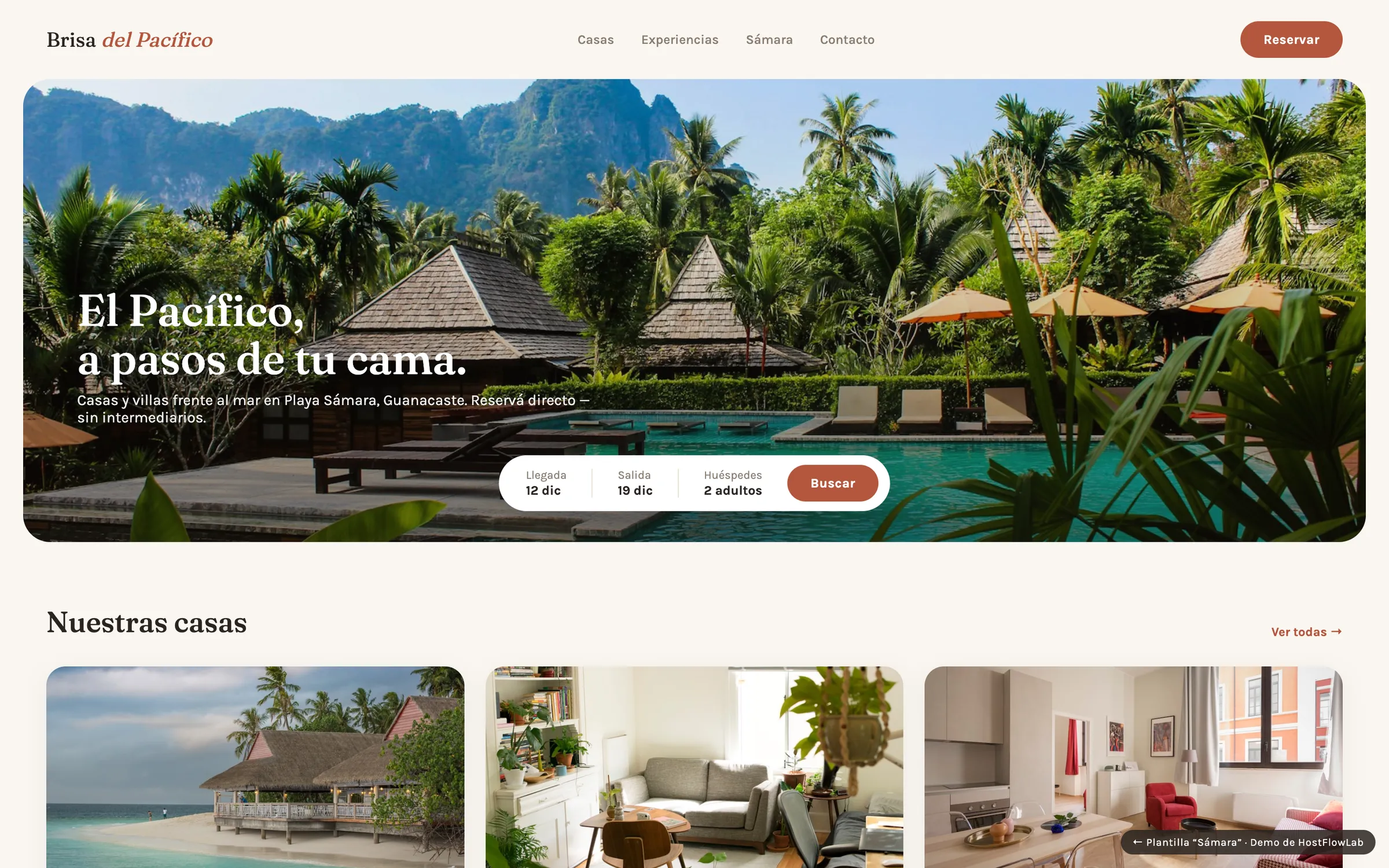 Plantilla Sámara — sitio boutique de playa con reserva directa