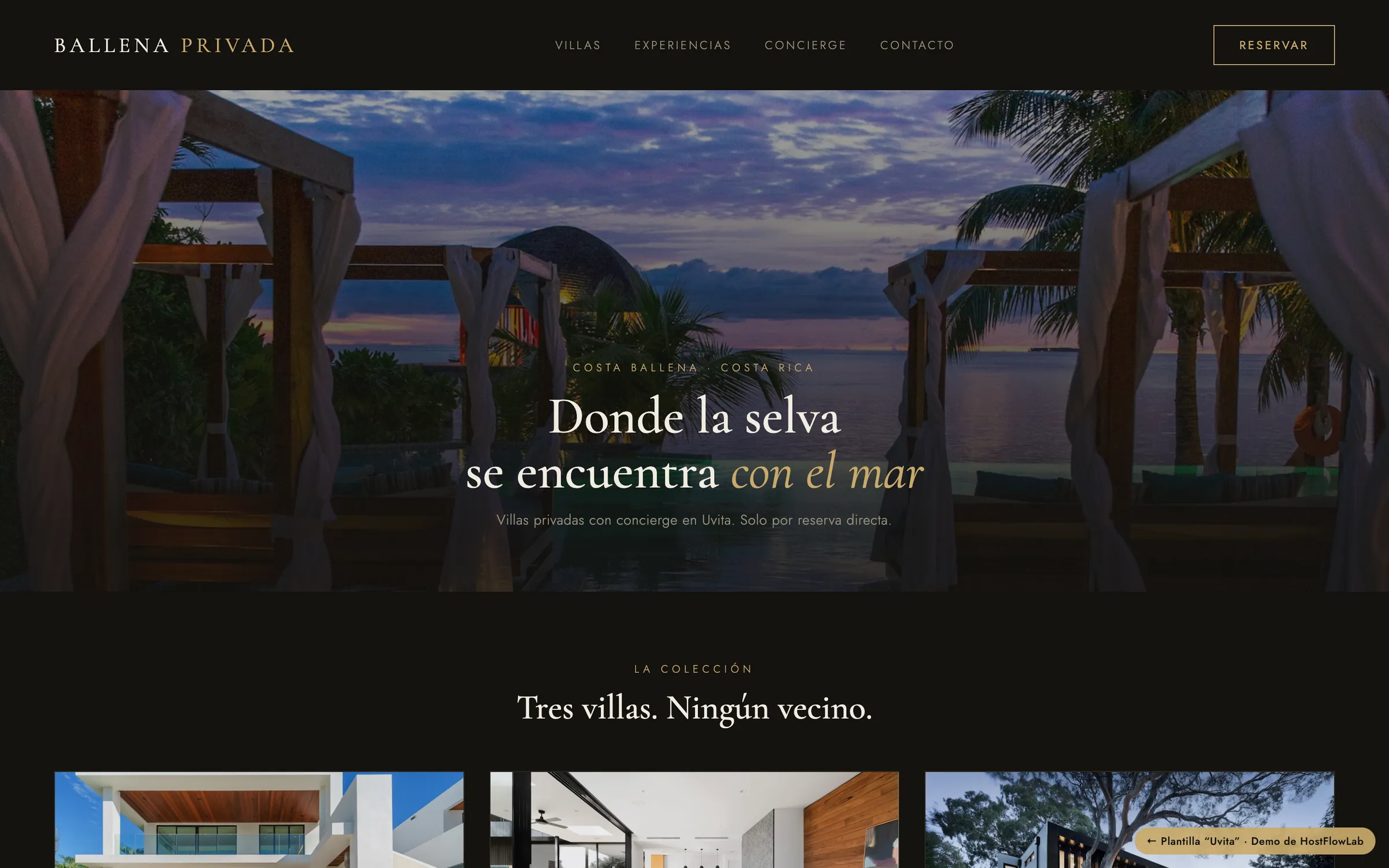 Plantilla Uvita — villas de lujo en oscuro con dorado