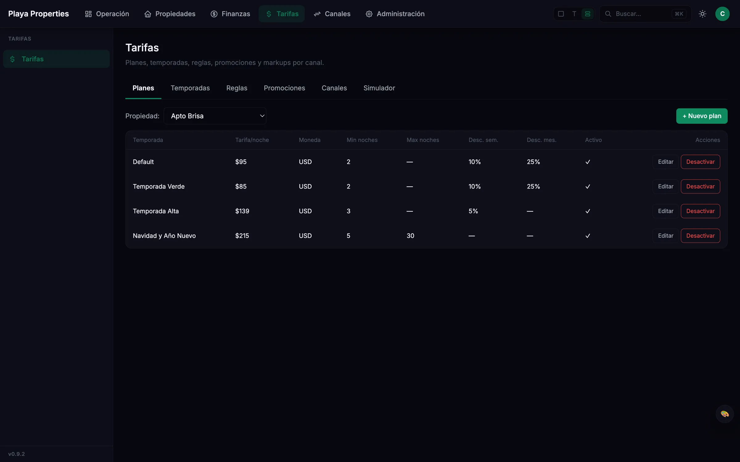 Módulo de tarifas de HostFlowLab con planes por temporada